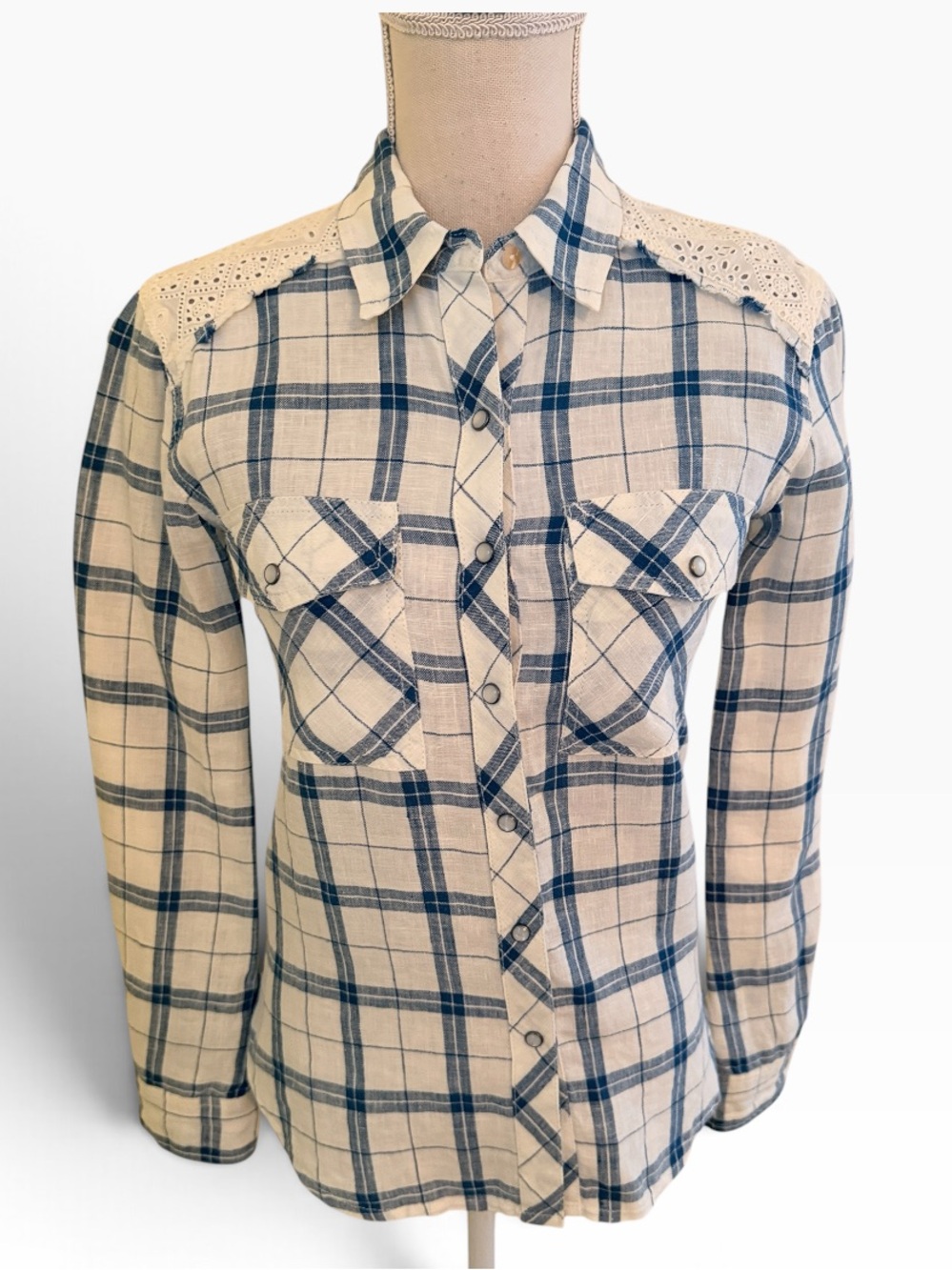 Sundance Cream/Blue Windowpane Plaid Snap-Front Shirt with Eyelet Lace Yoke PXXS